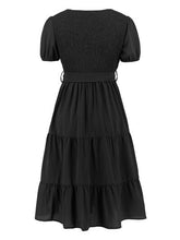 Load image into Gallery viewer, Smocked Tie Front Short Sleeve Tiered Dress
