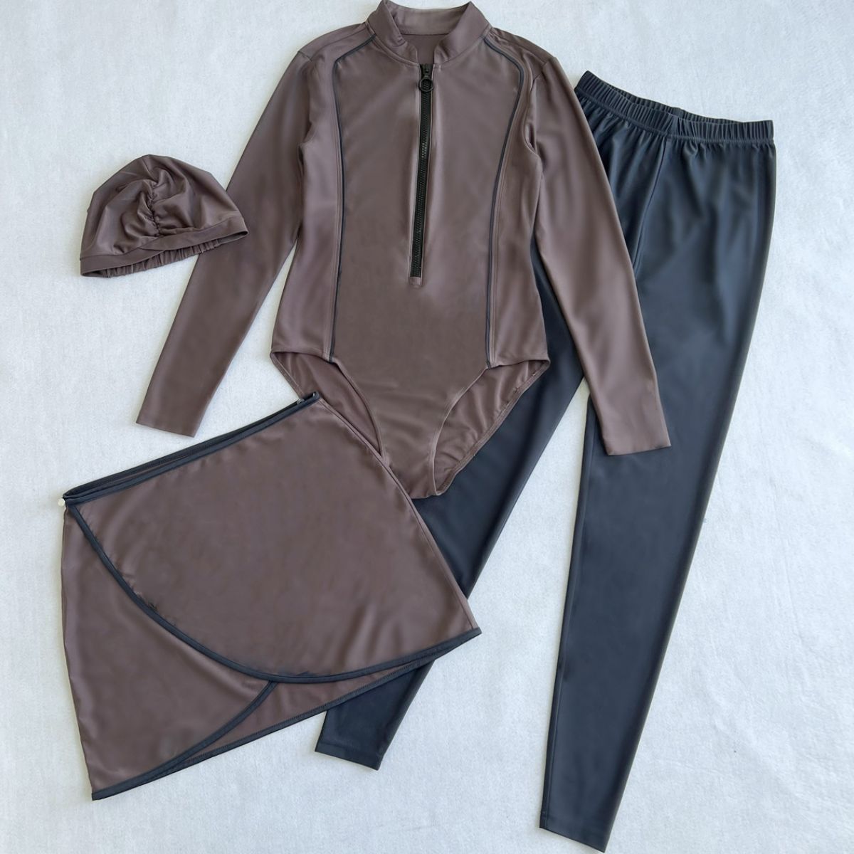 Zip-Up One-Piece Swimsuit, Pants, Sarong, and Swim Cap Set