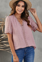 Load image into Gallery viewer, Swiss Dot Lace Trim Plunge Blouse
