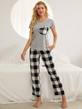 Load image into Gallery viewer, Plaid Heart Tee and Pants Lounge Set with Pockets
