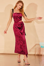 Load image into Gallery viewer, Two-Tone Tie-Shoulder Cutout Asymmetrical Velvet Dress
