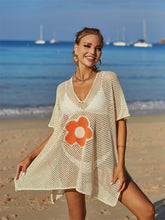 Load image into Gallery viewer, Openwork Flower V-Neck Short Sleeve Cover Up
