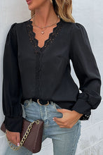 Load image into Gallery viewer, Scalloped Lace Trim Puff Sleeve V-Neck Blouse
