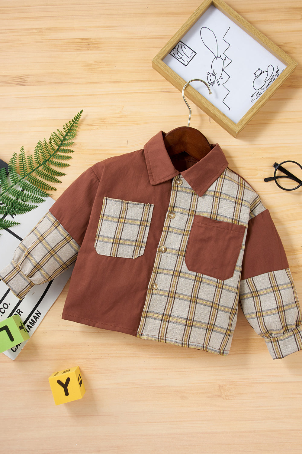 Baby Splicing Plaid Pocketed Jacket