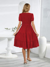 Load image into Gallery viewer, Smocked Tie Front Short Sleeve Tiered Dress
