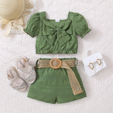 Load image into Gallery viewer, Kids Textured Bow Detail Top and Belted Shorts Set
