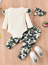 Load image into Gallery viewer, Baby Girl Graphic Ribbed Ruffle Shoulder Bodysuit and Printed Pants Set
