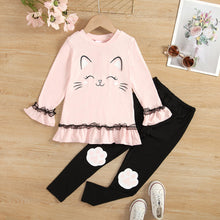 Load image into Gallery viewer, Girls Cat Graphic Ruffle Hem Top and Pants Set
