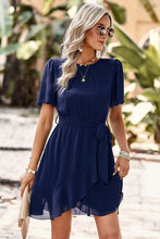Load image into Gallery viewer, Round Neck Flutter Sleeve Belted Dress
