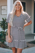 Load image into Gallery viewer, Striped Tie-Waist Frill Trim V-Neck Dress
