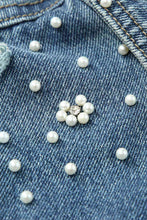 Load image into Gallery viewer, Pearl Detail Distressed Button Up Denim Jacket
