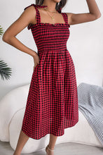 Load image into Gallery viewer, Plaid Tie Shoulder Frill Trim Midi Dress
