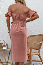 Load image into Gallery viewer, Off-Shoulder Ruffle Belted Button-Front Dress
