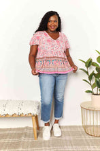 Load image into Gallery viewer, Double Take Bohemian Decorative Button Tie-Neck Peplum Blouse
