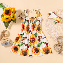 Load image into Gallery viewer, Sunflower Print Smocked Tie Shoulder Dress
