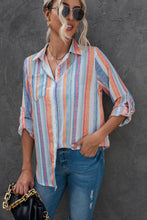 Load image into Gallery viewer, Striped Button-Up Curved Hem Shirt with Breast Pocket
