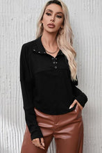 Load image into Gallery viewer, Ribbed Knit Henry Collar Loose Fitting Long Sleeve Top
