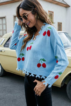 Load image into Gallery viewer, Cherry Pattern Frayed Trim V-Neck Sweater
