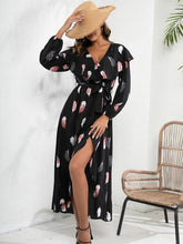 Load image into Gallery viewer, Printed Tie Front Ruffle Trim Long Sleeve Dress
