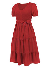 Load image into Gallery viewer, Smocked Tie Front Short Sleeve Tiered Dress
