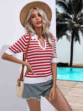 Load image into Gallery viewer, Striped Johnny Collar Half Sleeve Knit Top
