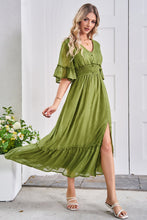 Load image into Gallery viewer, V-Neck Flounce Sleeve Smocked Waist High Slit Dress
