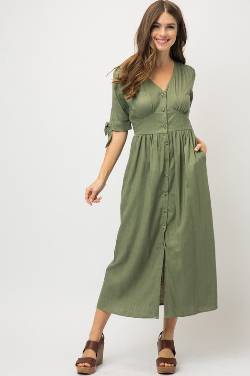 Linen Button Down Tie Sleeve Dress