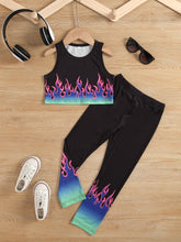Load image into Gallery viewer, Girls Flame Print Cropped Tank and Pants Set
