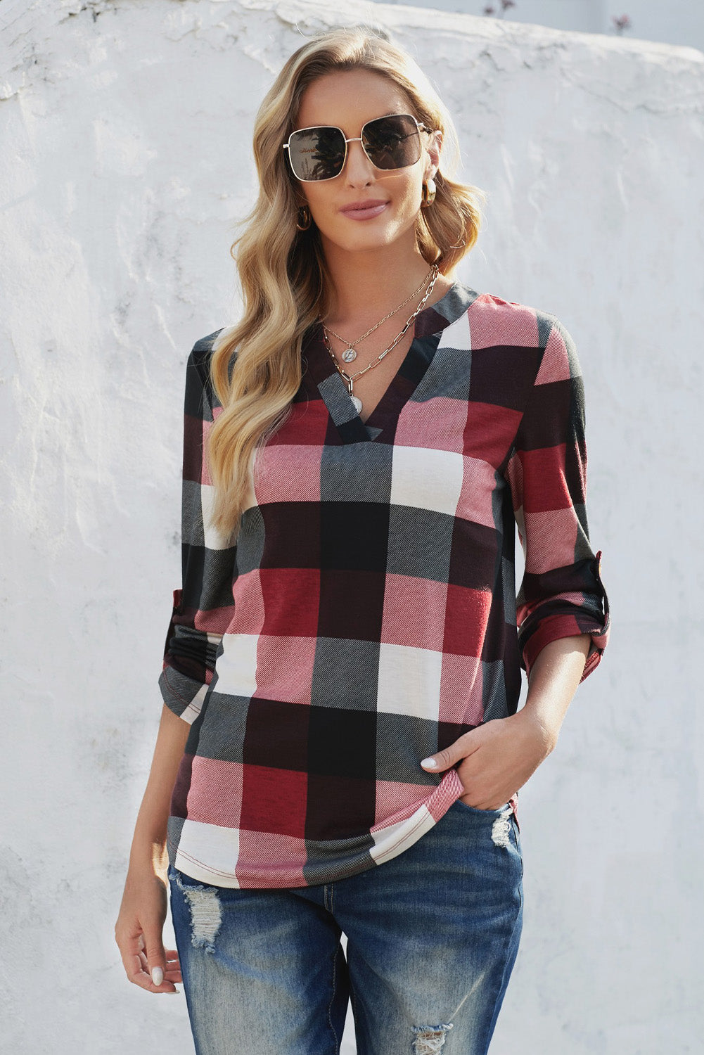 Plaid V-Neck Long Sleeve Top