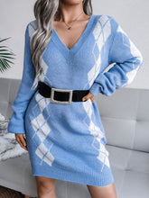 Load image into Gallery viewer, Argyle V-Neck Ribbed Trim Sweater Dress
