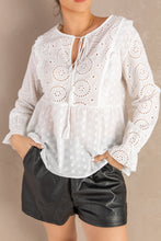 Load image into Gallery viewer, Eyelet Tie-Neck Long Flounce Sleeve Peplum Blouse
