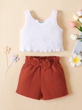 Load image into Gallery viewer, Girls Ribbed Notched Tank and Bow Detail Shorts Set
