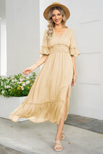 Load image into Gallery viewer, V-Neck Flounce Sleeve Smocked Waist High Slit Dress
