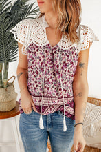 Load image into Gallery viewer, Floral Tassel Tie Eyelet Blouse
