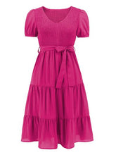Load image into Gallery viewer, Smocked Tie Front Short Sleeve Tiered Dress
