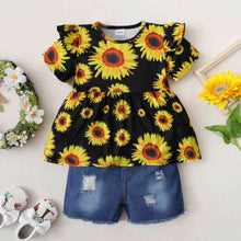 Load image into Gallery viewer, Sunflower Print Top and Distressed Denim Shorts Set
