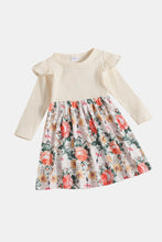 Load image into Gallery viewer, Girls Two-Tone Floral Hem Ruffle Shoulder Dress
