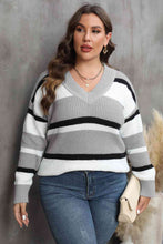 Load image into Gallery viewer, Plus Size Striped V-Neck Dropped Shoulder Sweater
