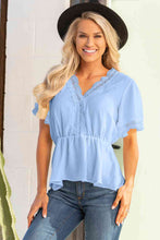 Load image into Gallery viewer, Lace Trim V-Neck Tied Peplum Blouse
