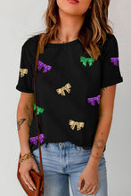 Load image into Gallery viewer, Bow Print Sequin Round Neck Short Sleeve T-Shirt

