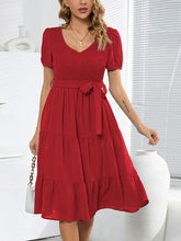 Load image into Gallery viewer, Smocked Tie Front Short Sleeve Tiered Dress
