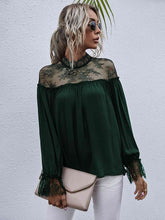 Load image into Gallery viewer, Semi-Sheer Lace Trim Mock Neck Blouse
