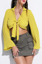 Load image into Gallery viewer, Tie Front Johnny Collar Flare Sleeve Cropped Top
