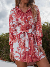 Load image into Gallery viewer, Floral Tie-Waist Curved Hem Shirt Dress
