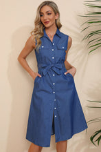 Load image into Gallery viewer, Button Front Belted Sleeveless Collared Shirt Dress
