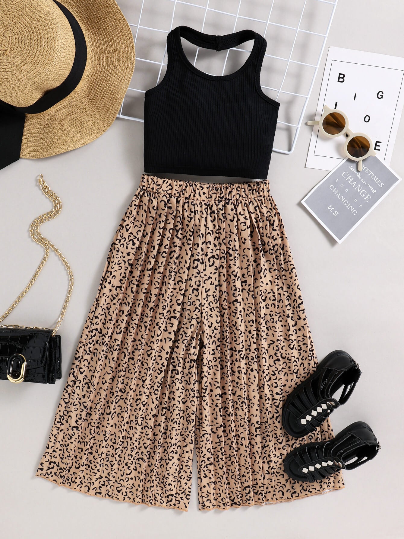 Girls Ribbed Halter Neck Tank and Leopard Pleated Wide Leg Pants Set