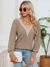 Load image into Gallery viewer, Lace Detail V-Neck Ribbed Blouse
