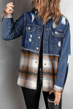 Load image into Gallery viewer, Plaid Distressed Raw Hem Snap Down Denim Jacket
