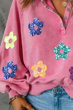 Load image into Gallery viewer, Sequin Flower Half Snap Lantern Sleeve Sweatshirt
