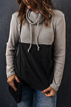 Load image into Gallery viewer, Two-Tone Waffle-Knit Drawstring Cowl Neck Sweatshirt
